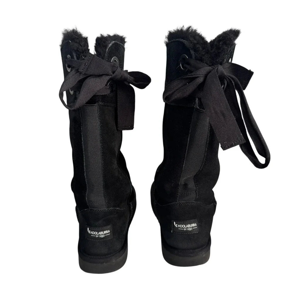 Koolaburra By UGG Boots Womens Size 8 Black Suede Mid Calf Faux Fur Lined Bow